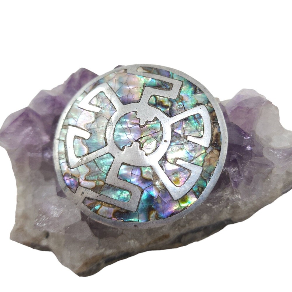 Vintage 925 Sterling Silver Brooch Pendant Taxco Mexico Abalone Inlay Greek Key